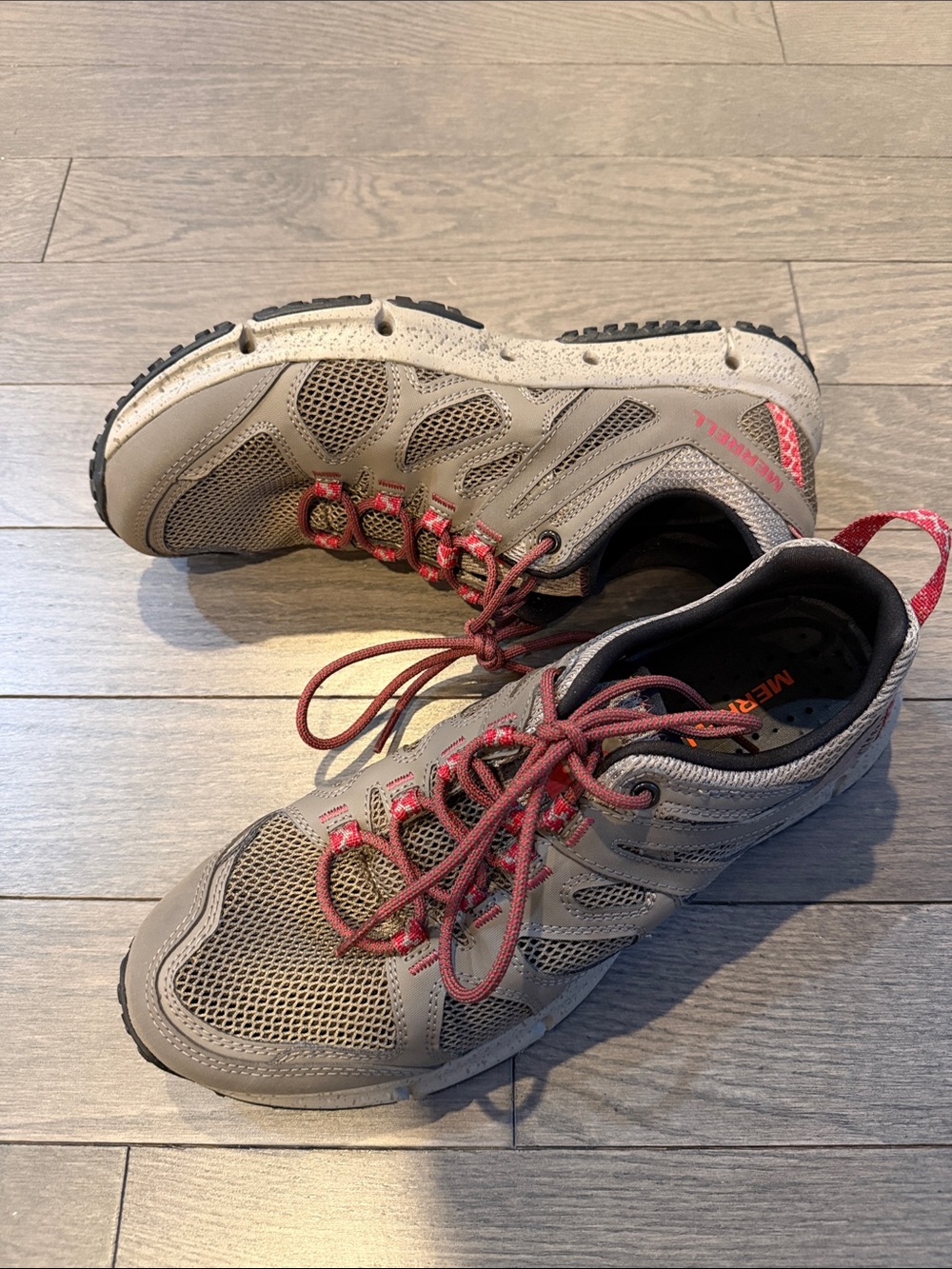 Merrell Men's Taupe Hiking Shoes with Red Accents